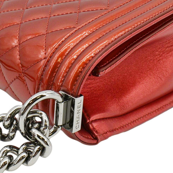 CHANEL Medium Boy Flap Metallic Patent Leather Shoulder Bag Red