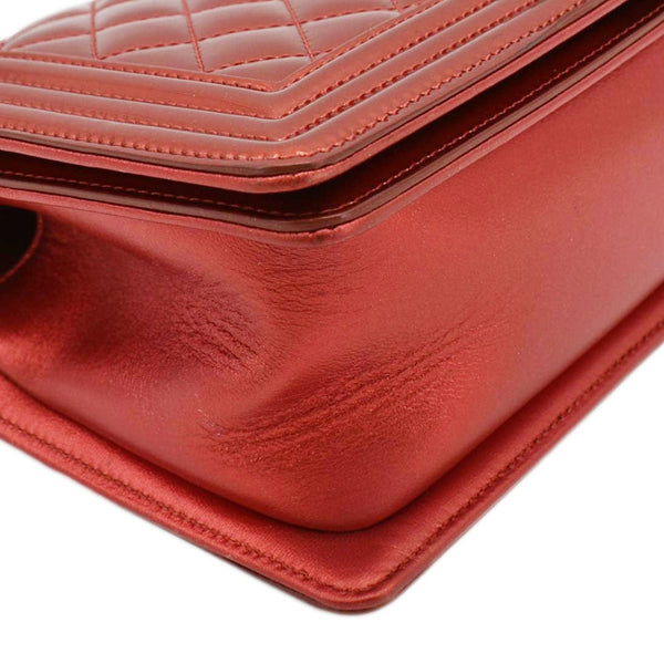 CHANEL Medium Boy Flap Metallic Patent Leather Shoulder Bag Red