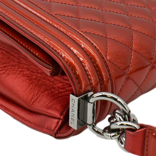 CHANEL Medium Boy Flap Metallic Patent Leather Shoulder Bag Red
