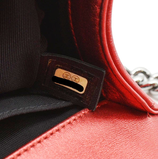 CHANEL Medium Boy Flap Metallic Patent Leather Shoulder Bag Red