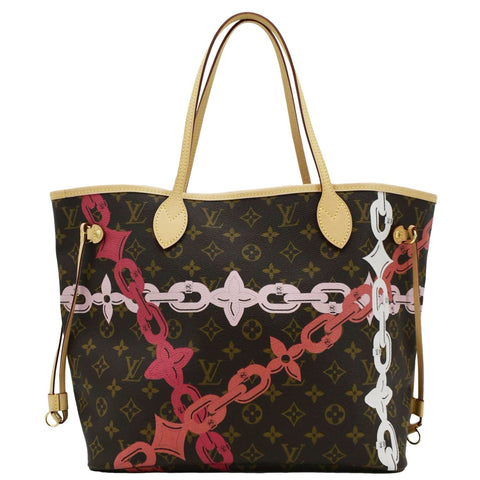 LOUIS VUITTON Neverfull MM Bay Chain Monogram Canvas Tote Bag Fuchsia