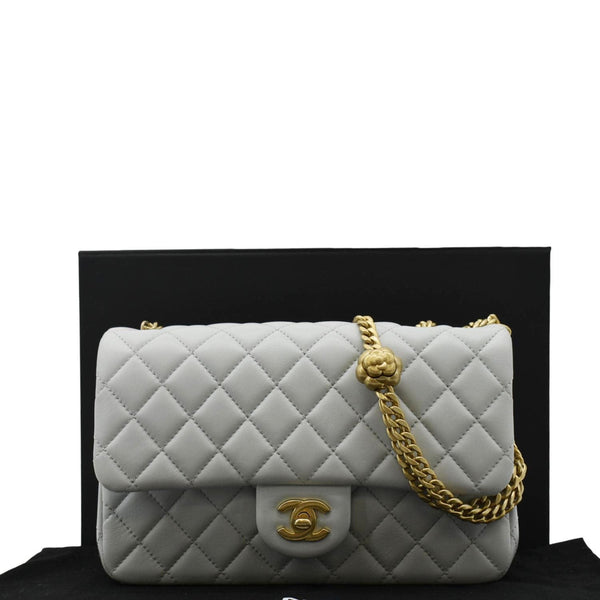 CHANEL Sweet Camellia Leather Crossbody Bag Light Blue front 