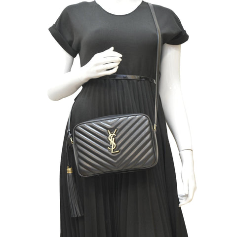 YVES SAINT LAURENT Lou Chevron Leather Camera Crossbody Bag Black