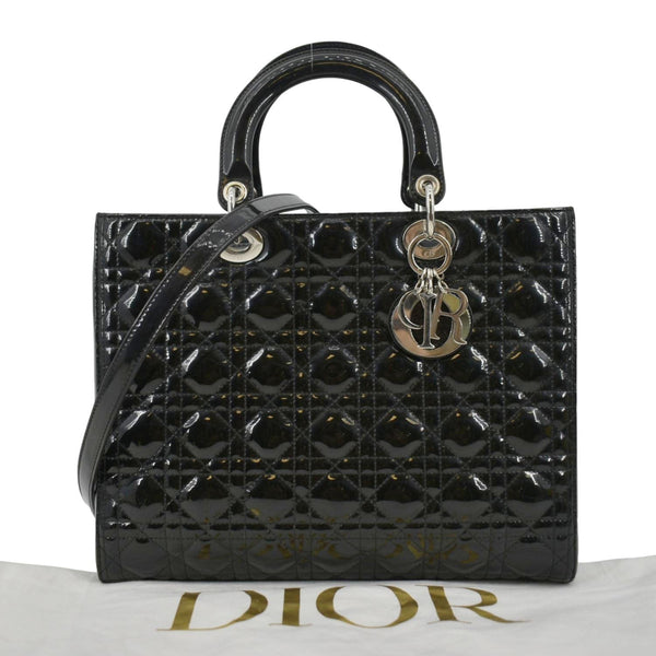 CHRISTIAN DIOR Lady Dior Large Quilted Patent Leather Shoulder Bag Black