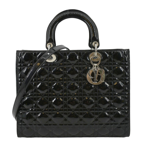 CHRISTIAN DIOR Lady Dior Large Quilted Patent Leather Shoulder Bag Black