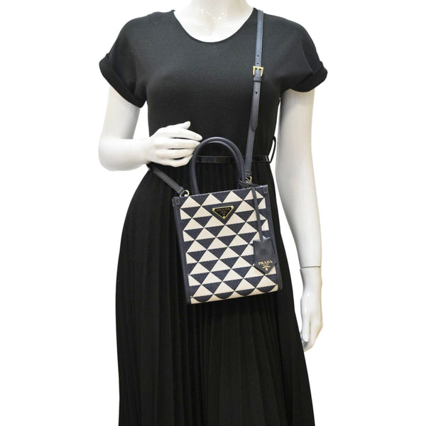 PRADA Triangolo Mini Jacquard Symbole Tote Crossbody Bag Navy Blue
