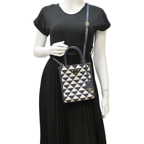 PRADA Triangolo Mini Jacquard Symbole Tote Crossbody Bag Navy Blue