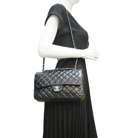 CHANEL Classic Medium Double Flap Leather Shoulder Bag Black