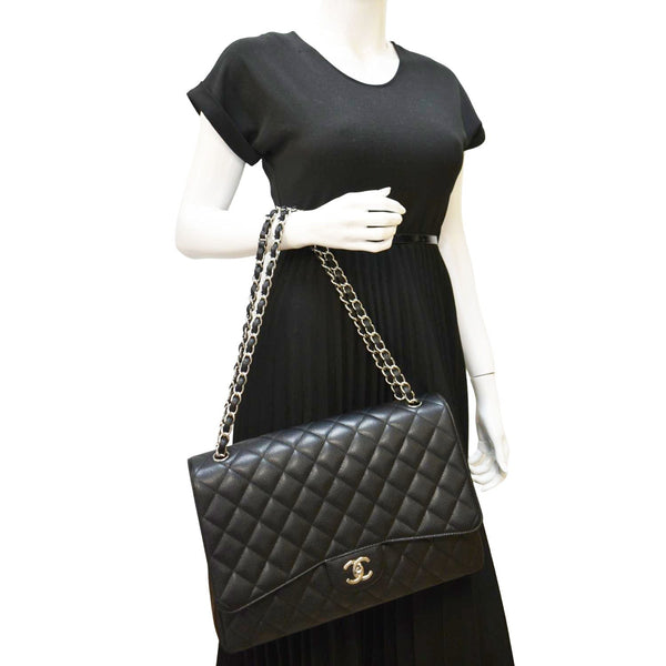CHANEL Classic Maxi Single Flap Quilted Caviar Leather Shoulder Bag Black