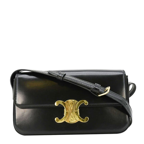 CELINE Triomphe Calfskin Leather Shoulder Bag Black