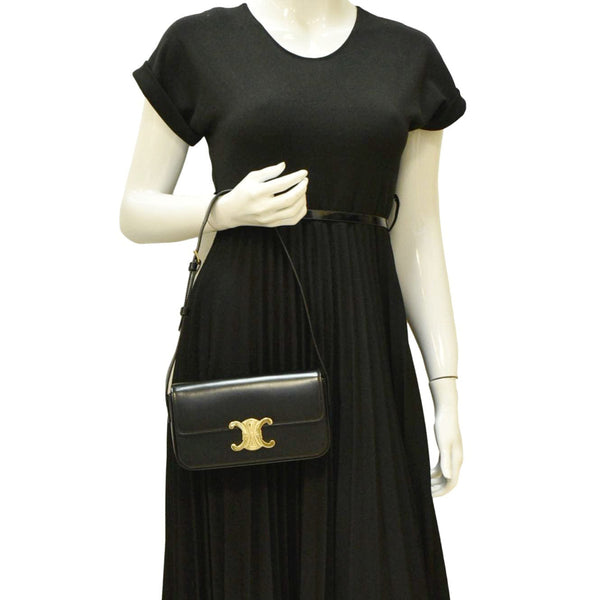 CELINE Triomphe Calfskin Leather Shoulder Bag Black