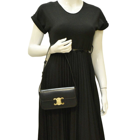 CELINE Triomphe Calfskin Leather Shoulder Bag Black