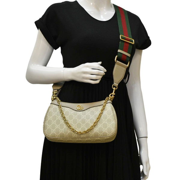 GUCCI Ophidia Web Small GG Supreme Canvas Shoulder Bag Beige 735132