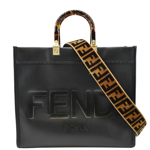 FENDI Sunshine Plexiglass Medium Leather Shopper Tote Bag Black