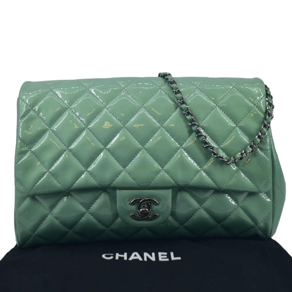 CHANEL Flap Quilted Patent Leather Shoulder Bag Green