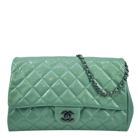 CHANEL Flap Quilted Patent Leather Shoulder Bag Green