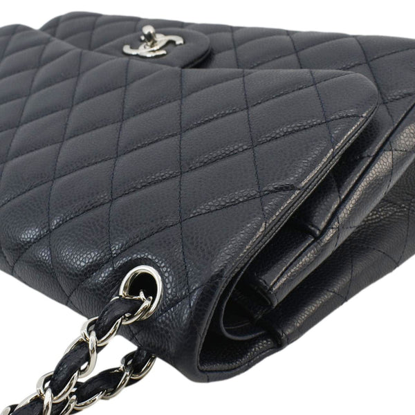 CHANEL Classic Jumbo Double Flap Quilted Caviar Leather Shoulder Bag Navy Blue