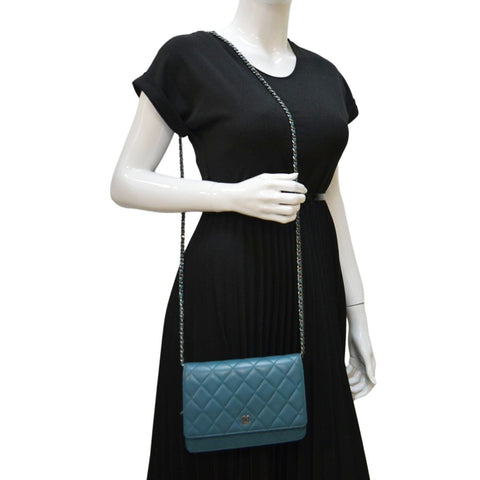 CHANEL WOC Quilted Leather Crossbody Wallet Light Blue