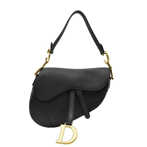 CHRISTIAN DIOR Saddle Grained Leather Satchel Shoulder Bag Black