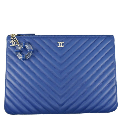 CHANEL O Case Chevron Leather Clutch Bag Blue