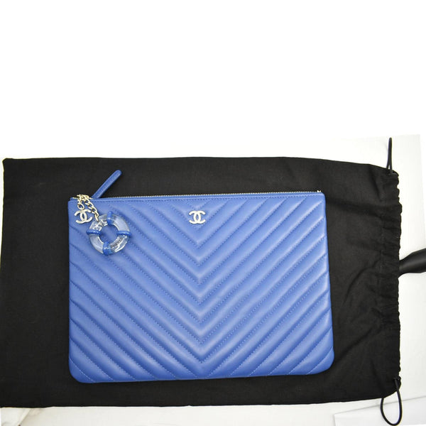 CHANEL O Case Chevron Leather Clutch Bag Blue