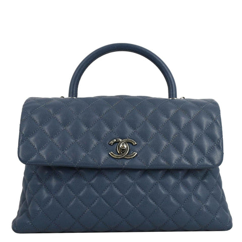CHANEL CC Coco Caviar Leather Top Handle Flap Shoulder Bag Blue