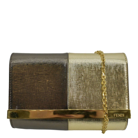 FENDI Mini Rush Saffiano Leather Chain Shoulder Wallet Metallic Gold