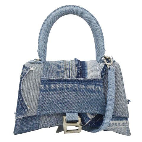BALENCIAGA Small Hourglass Denim Top Handle Shoulder Bag Blue