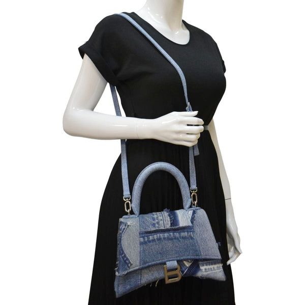 BALENCIAGA Small Hourglass Denim Top Handle Shoulder Bag Blue