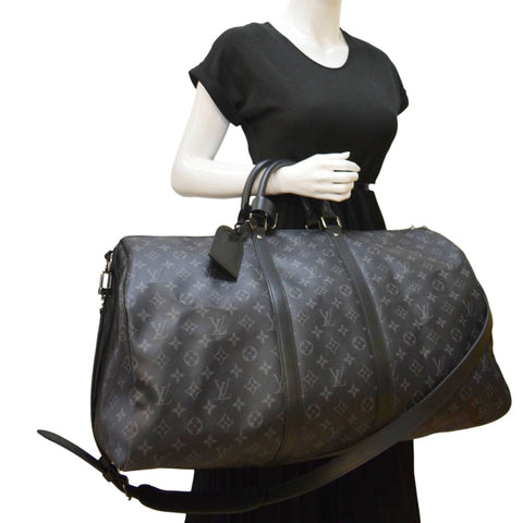 LOUIS VUITTON Keepall 55 Bandouliere Monogram Eclipse Travel Bag Black