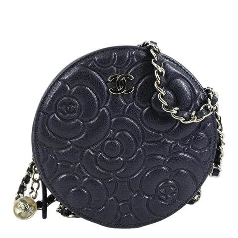 CHANEL Camellia Round Goatskin Leather Crossbody Bag Dark Blue