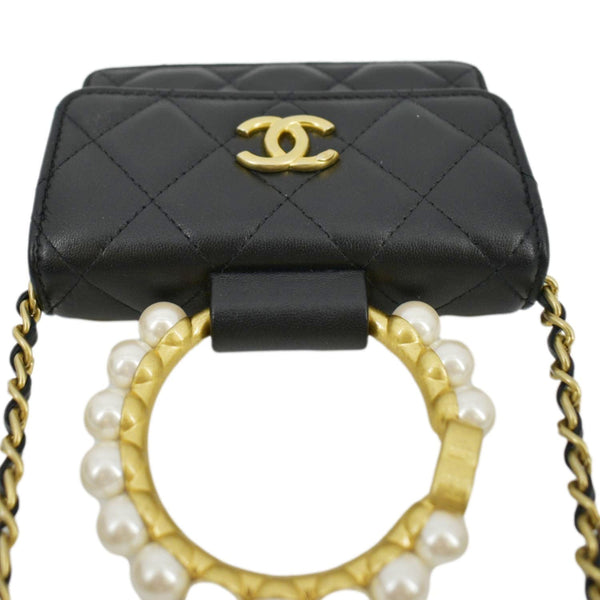 CHANEL Pearl Mini Quilted Leather Top Handle Shoulder Bag Black
