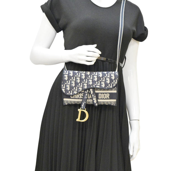 CHRISTIAN DIOR Saddle Slim Oblique Canvas Crossbody Bag Navy Blue