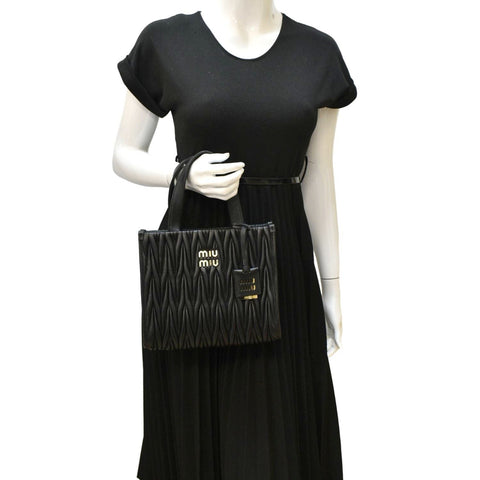 MIU MIU Nappa Matelasse Black Leather Tote Shoulder Bag with body view