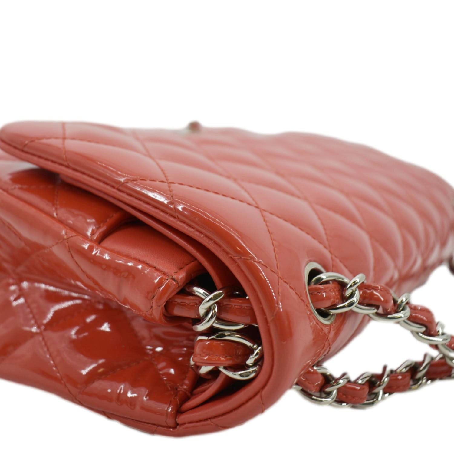 CHANEL Jumbo Flap Quilted Patent Leather Shoulder Bag Red