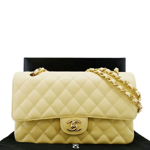 CHANEL Classic Double Flap Quilted Caviar Leather Shoulder Bag Cream