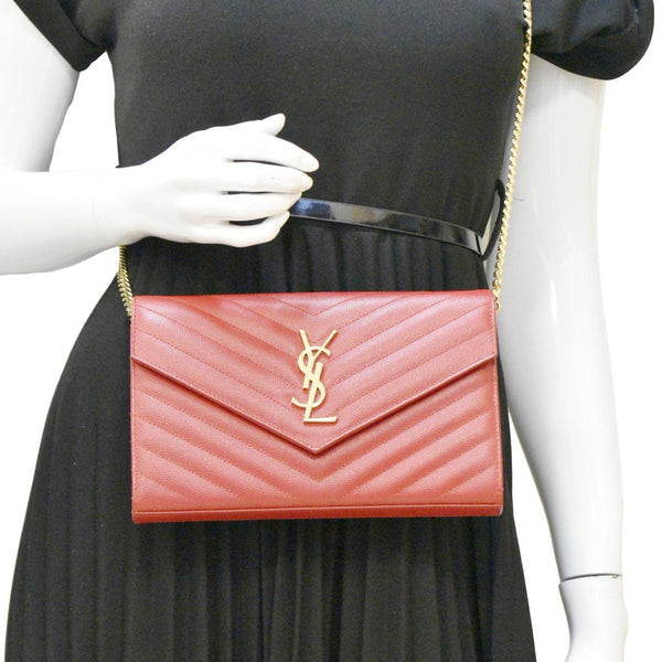 YVES SAINT LAURENT Cassandre Leather Chain Crossbody Bag Red