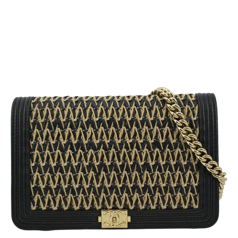 CHANEL Boy Flap Woven Raffia Leather Shoulder Bag Black