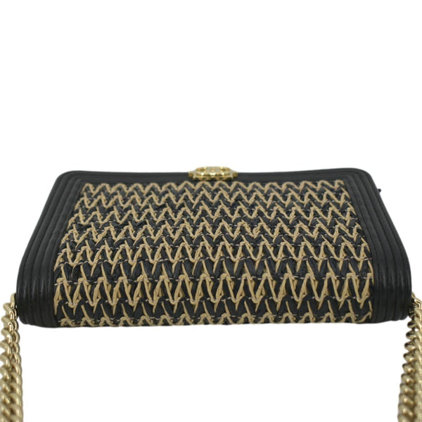 CHANEL Boy Flap Woven Raffia Leather Shoulder Bag Black
