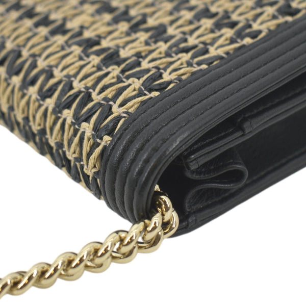 CHANEL Boy Flap Woven Raffia Leather Shoulder Bag Black