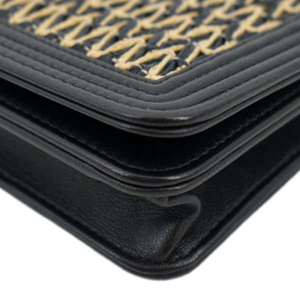 CHANEL Boy Flap Woven Raffia Leather Shoulder Bag Black