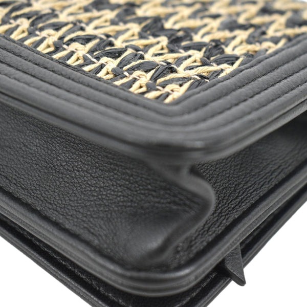 CHANEL Boy Flap Woven Raffia Leather Shoulder Bag Black
