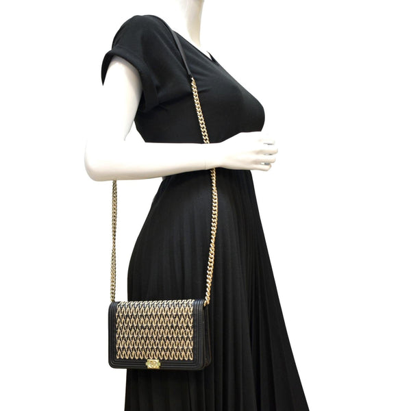 CHANEL Boy Flap Woven Raffia Leather Shoulder Bag Black