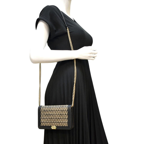 CHANEL Boy Flap Woven Raffia Leather Shoulder Bag Black