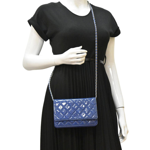 CHANEL WOC Quilted Patent Leather Blue Crossbody Bag dummy look