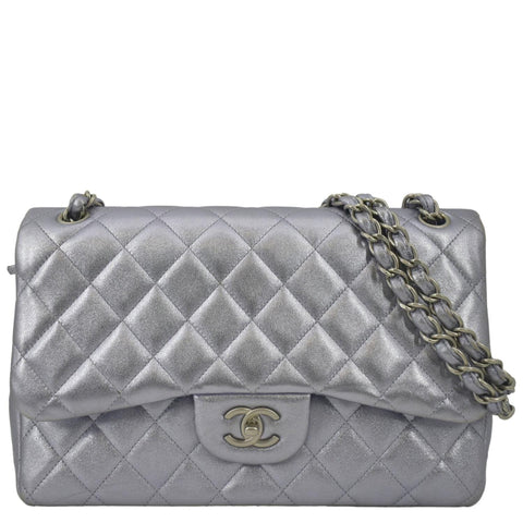 CHANEL Jumbo Flap Quilted Leather Shoulder Bag Silver