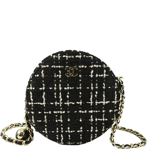 CHANEL Round Quilted Tweed Clutch Crossbody Bag Black