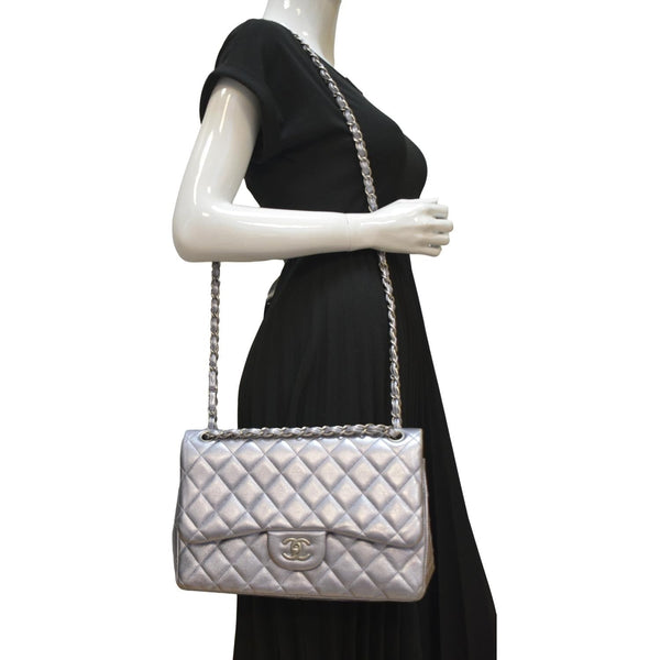 CHANEL Jumbo Flap Quilted Leather Shoulder Bag Silver