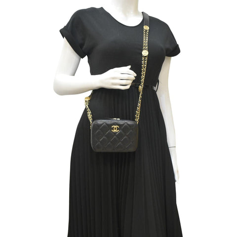 CHANEL Twist Your Buttons Quilted Caviar Leather Crossbody Clutch Bag Black