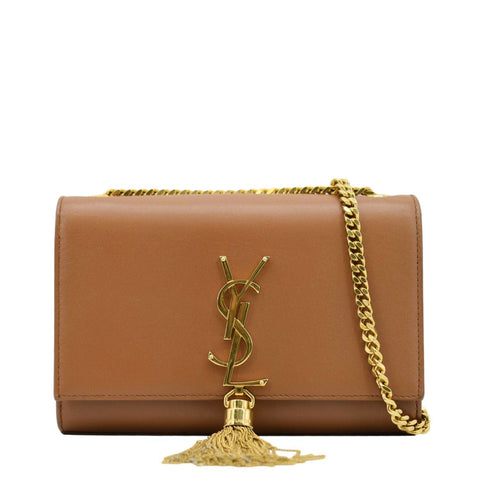 YVES SAINT LAURENT Kate Leather Chain Clutch Crossbody Bag Tan